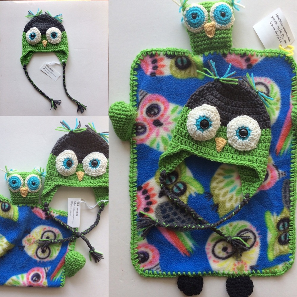 Crochet Owl hat and owl anti-pill fleece lovey set